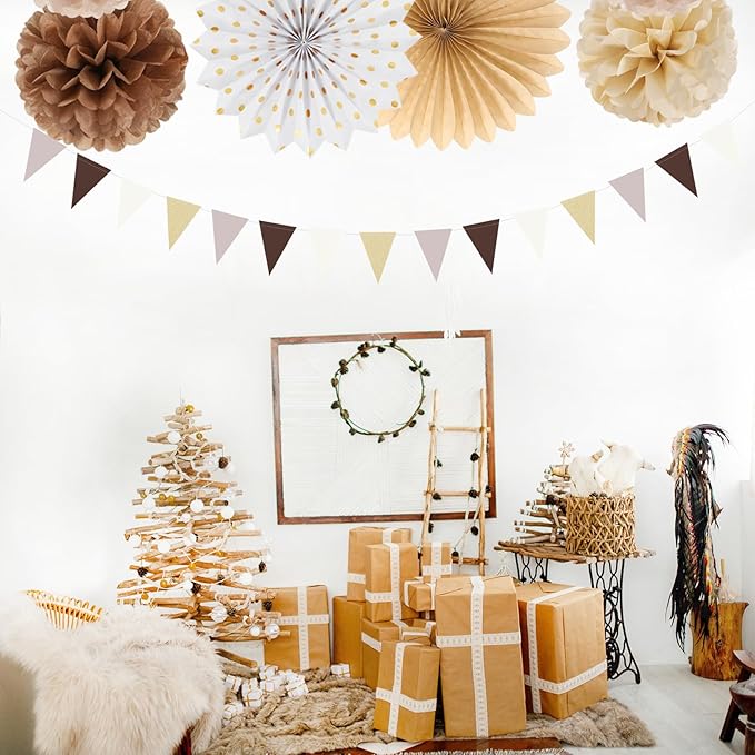 Boho Baby-Shower White-Brown Champagne Party-Decorations - 20pcs Neutral Rustic Paper Lanterns Fans,Tissue Pom Poms,Honeycomb Balls,Bunting,Birthday Wedding Bridal Christmas Fall Autumn Decor Burgleda