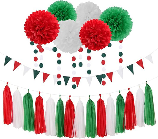 Red-Green White Party-Decorations - 23pcs Mexico Italy Tissue Pom Poms Streamers,Tassel Garland Banner,Mexican Italian Birthday Wedding Baby Shower Decor Bunting Lasting Surprise