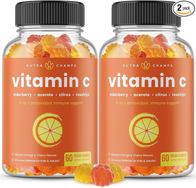 NutraChamps Vitamin C Gummies for Adults & Kids, 5-in-1 Immune System Support with Elderberry, Rosehips, Citrus Bioflavonoids & Acerola Cherry, Immunity Booster Supplement (Pack of 2)