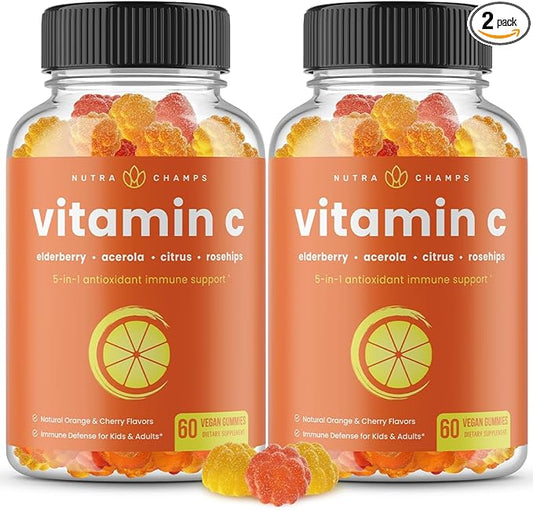NutraChamps Vitamin C Gummies for Adults & Kids, 5-in-1 Immune System Support with Elderberry, Rosehips, Citrus Bioflavonoids & Acerola Cherry, Immunity Booster Supplement (Pack of 2)