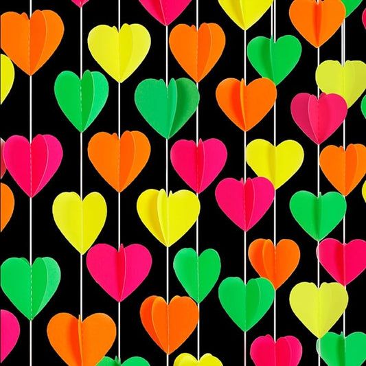 UV Neon Party Decorations Heart-Garland - 39Ft 3D Glow in The Dark Supplies, Hanging Paper Streamers Banner,Girl Romantic Wedding Anniversary Baby Bridal Shower Engagement Decor Ouruola