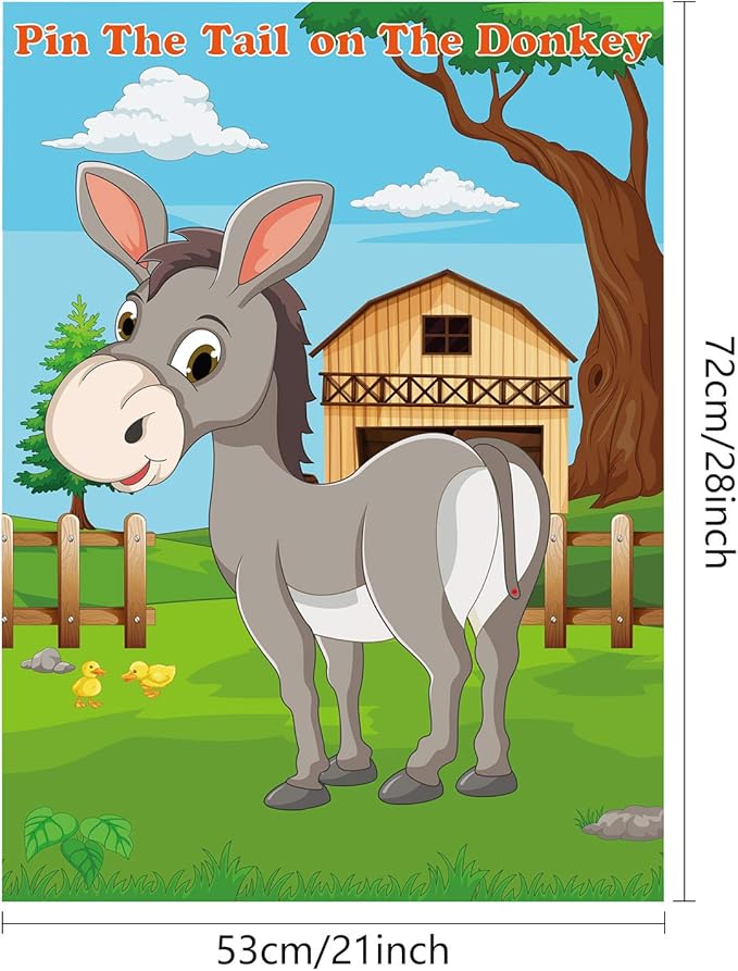 FEPITO Pin The Tail on The Donkey Party Game with 24 Pcs Tails for Kids Birthday Party Decorations, Carnival Circus Party Supplies