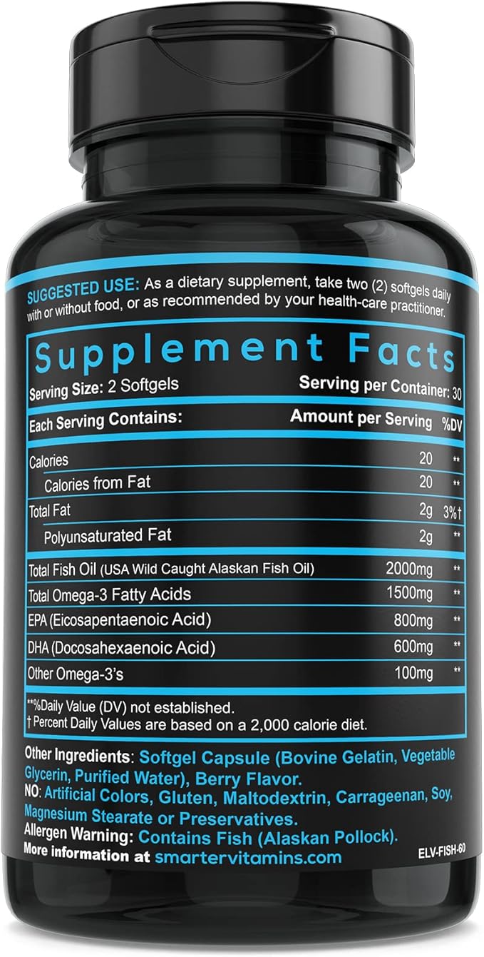 SmarterVitamins Omega 3 Fish Oil, Strawberry Flavor, Burpless, Tasteless, 2000mg, DHA EPA Triple Strength, Made with AlaskOmega®