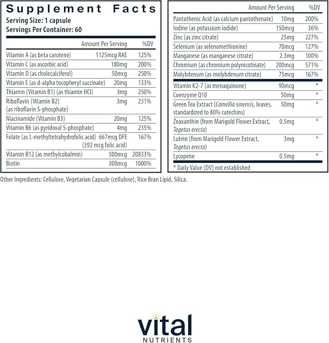 Vital Nutrients Once Daily Multivitamin | Vegan Multi for Women & Men | Allergen-Free | 19 Essential Vitamins + Antioxidants for Eye and Heart Health | Gluten, Dairy & Soy-Free | 60 Capsules