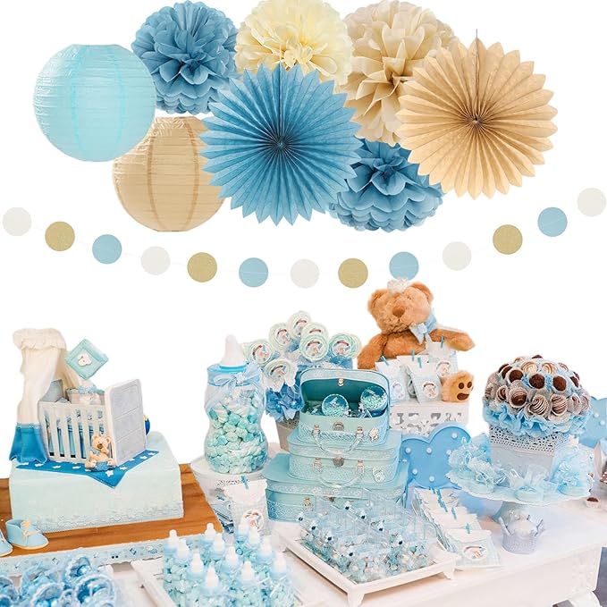 Light-Dusty Blue Beige-Champagne Baby-Shower Party-Decorations - 31pcs Welcome Home Banner Sign,Boy Paper Lanterns,Neutral Streamers Garland,Boho Tissue Pom Poms Flowers Fans Backdrop Decor Burgleda