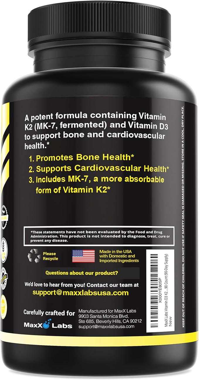 Vitamin D3 K2 3000 IU - with Vitamin K as MK-7 from Natto - High Potency Vitamin D Supplement Support Healthy Bones, Teeth, Heart & Immune Function, Gluten-Free - 90 Capsules