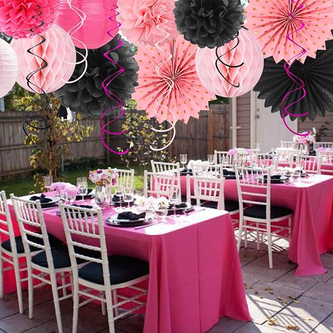 Hot-Pink Black Girls-Women Birthday Party-Decorations - 21pcs Baby Happy Banner, Paper Streamers Lanterns,Tissue Pom Poms Fan,Backdrop Decor Huglony