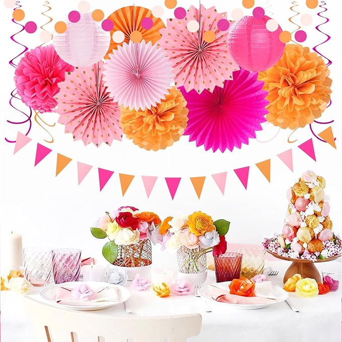 Hot-Pink Burnt-Orange Fall Party Decorations - 33pcs Birthday Baby Shower Banner,Streamers Tassel Garland,Sunset Autumn Thanksgiving Tissue Pom Poms,Paper Lantern Fans,Wedding Backdrop Decor Hugtmr