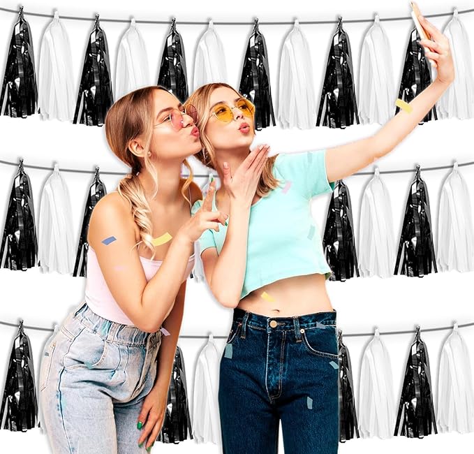 3P Black White Foil Fringe Tassel Banner Metallic Tinsel Streamer Garland Wall Curtain Backdrop for Parade Floats, Graduation, Halloween, Christmas, Father's Day Party Decorations