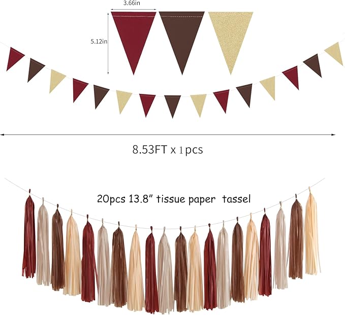 Boho Baby-Shower Burgundy-Brown Champagne Party-Decorations - 28pcs Neutral Birthday Rustic Wedding Bridal Tissue Pom Poms Streamers, Fall Autumn Tassel Garland Banner, Engagement Decor Ouruola