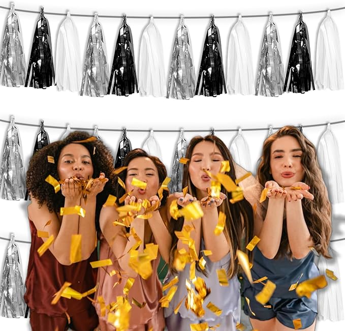 3P Black Silver White Metallic Fringe Tassel Banner Garland Foil Tinsel Streamer Wall Hanging Curtain Backdrop Banner for Parade Floats, Graduation Decorations, Halloween, Christmas Decorations