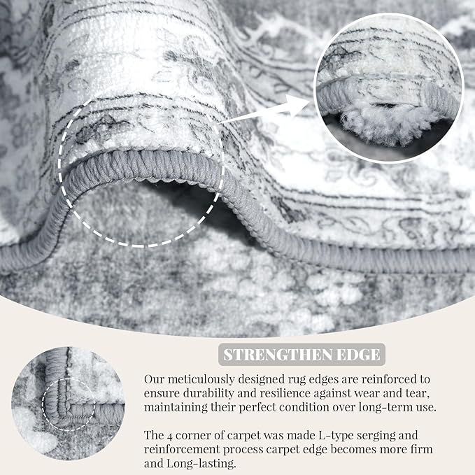 MUJOO Grey Rug 3'x5' Washable, Boho Area Rugs for Entryway Bedroom Living Room Kitchen,Small Vintage Bohemian Distressed Farmhouse Non Slip Carpet,Floral