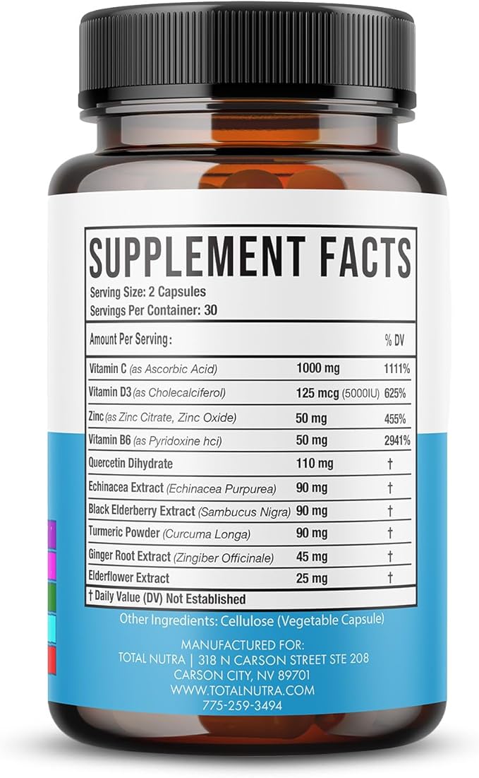 10-In-1 Immune Support Supplement: Immune Boosters for Adults & Kids Daily Immunity Defense with Key Immune System Vitamins Zinc, Vitamin C and D, Plus Elderberry, Quercetin, Echinacea & More, 60 Caps