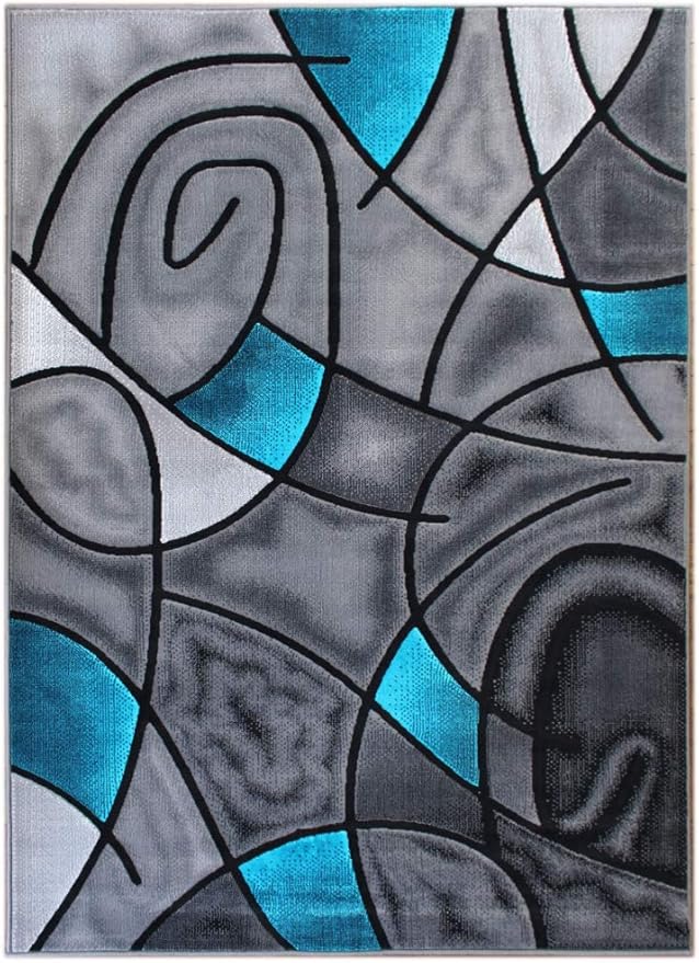 Masada Rugs, Modern Contemporary Area Rug, Turquoise Grey Black (5 Feet X 7 Feet)