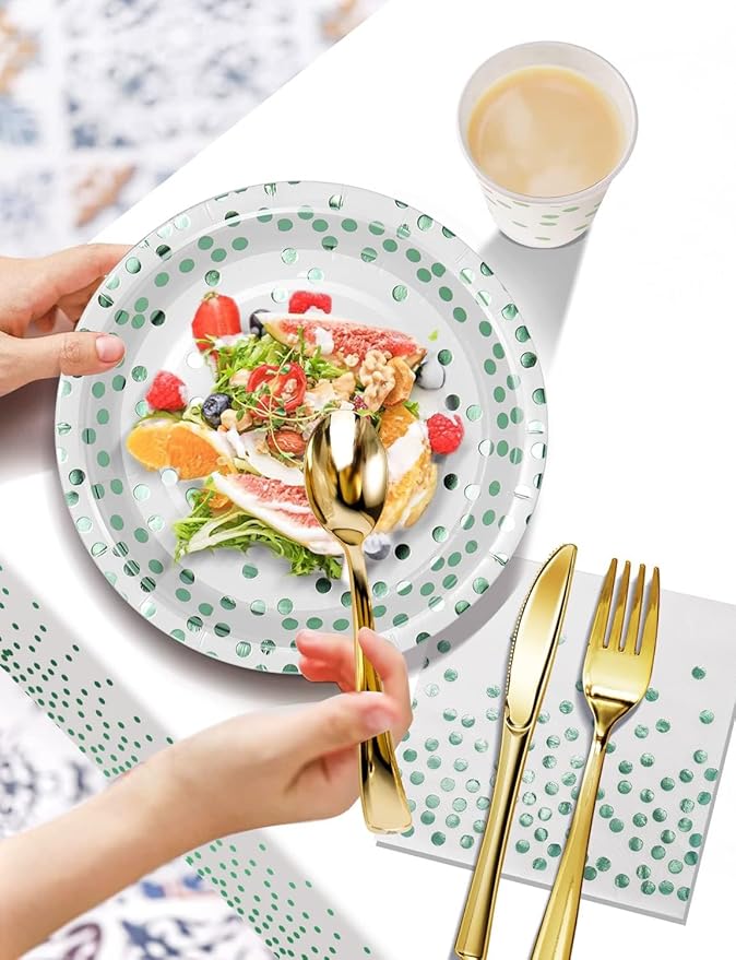 141 Pieces Green Dots Party Supplies, Disposable Party Decorations Sets Include Paper Plates Napkins Cups, Plastic Forks Knives Spoons, for Baby Shower Birthday Wedding -20 Guests