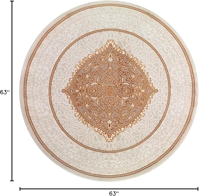 Antep Rugs Babil Gold 5x5 Oriental Bordered High Low Textured Traditional Indoor Area Rug, Beige Gold, 5'3" Round