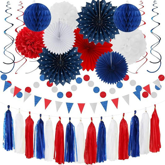 Fourth-4th of July Memorial-Day Party-Decorations - 31pcs Red-Blue White-Silver Patriotic Banner,Streamers Garland,Tissue Pom Poms Honeycomb,Paper Lantern Fan,Independence Graduation Decor Hugtmr
