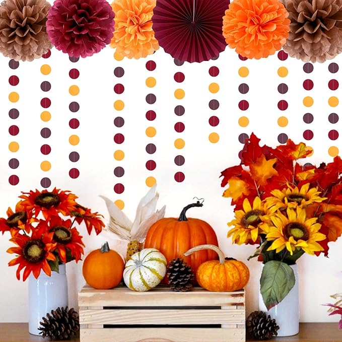 Boho Baby-Shower Burgundy Brown-Orange Party-Decorations - 33pcs Banner,Fall Autumn Streamers Tassel Garland,Tissue Pom Poms Honeycomb,Paper Lantern Fan, Wedding Harvest Rustic Birthday Decor Hugtmr