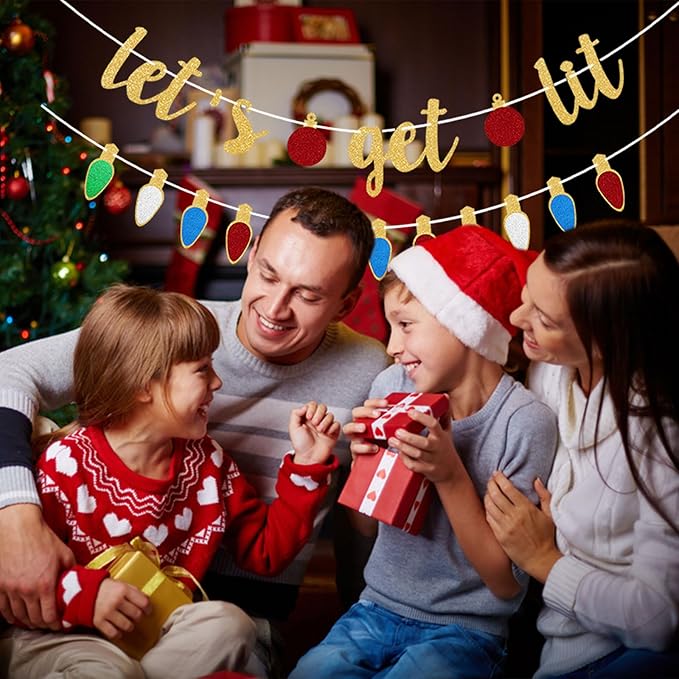 Gold Lets Get Lit Banner Christmas Banner, Christmas Party Decorations, Indoor Outdoor Home Hanging, Decor Yellow Glitter
