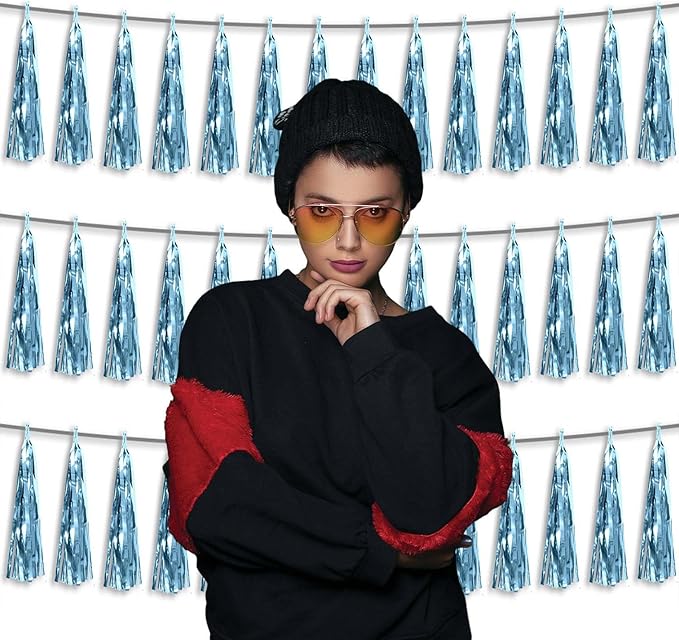 3P Metallic Fringe Tassel Banner Garland Foil Tinsel Streamer Wall Hanging Curtain Backdrop Banner for Parade Floats, Graduation Decorations, Wedding Party Decoration(Light Blue)