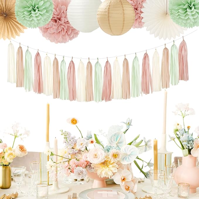 Sage-Green Pink-Beige Bridal-Shower Party-Decorations - 36pcs Bride To Be Banner,Bachelorette Paper Lanterns,Neutral Wedding Streamers Garland,Boho Tissue Pom Poms Flower Fan Decor Supplies Burgleda