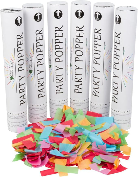 Clover Products 12" Biodegradable Confetti Cannons | 6 Pack Confetti Poppers for Weddings, Birthdays & Parties | Air-Powered Party Poppers Shoot 25 Feet | Safe for Indoor & Outdoor Use