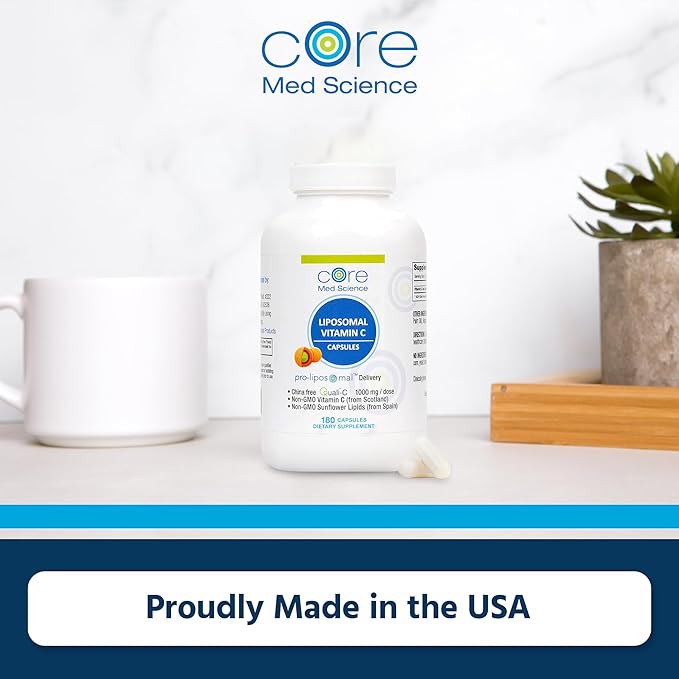 Core Med Science Liposomal Vitamin C 1000mg, 180 Capsules - Non-GMO Natural Liposomal Vitamin C Supplement That Promotes Healthy Skin - Immune System Booster for Adults, Supports Collagen Formation