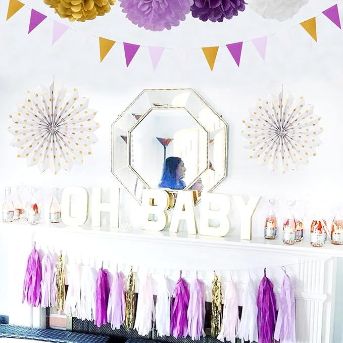 Purple-Lavender White Gold Party Decorations - 20pcs Graduation Birthday Paper Lanterns Fans,Tissue Pom Poms,Honeycomb Balls,Baby Shower Bridal Wedding Bachelorette Valentines Day Decor Burgleda