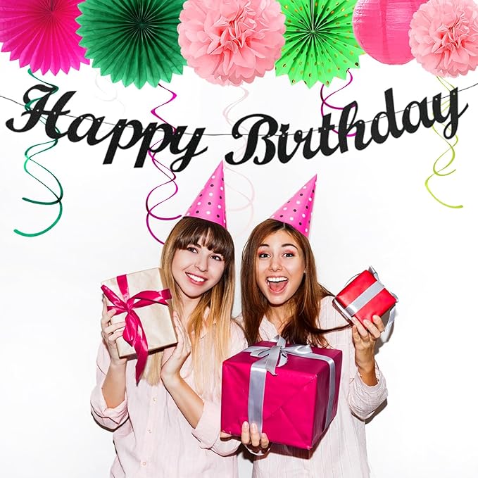 Green Hot-Pink Black Summer-Hawaiian Birthday Decorations - 21pcs Girls Woman Happy Party Banner Garland,Tropical Beach Pool Paper Streamers Lanterns,Flower Tissue Pom Poms Fan Supplies Decor Huglony