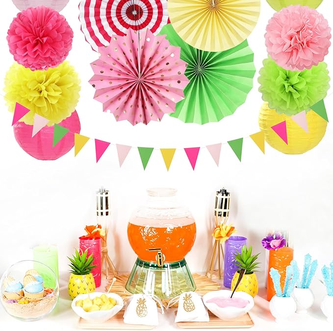 Hawaiian Pink Green-Yellow Party-Decorations - 20pcs Aloha Paper Lanterns Fans,Tissue Pom Poms,Honeycomb Balls,Tropical Pool Jungle Bachelorette Birthday Supplies Summer Beach Burgleda