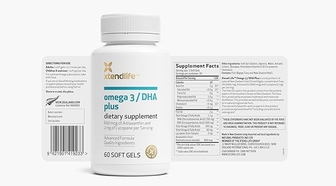 Xtendlife Omega 3 DHA Plus Fish Oil Supplement - 1100mg Omega-3 with DHA and EPA - Includes Lycopene and Astaxanthin to Support Heart, Brain, Eye, and Skin - 1 Month Supply (60 Count)