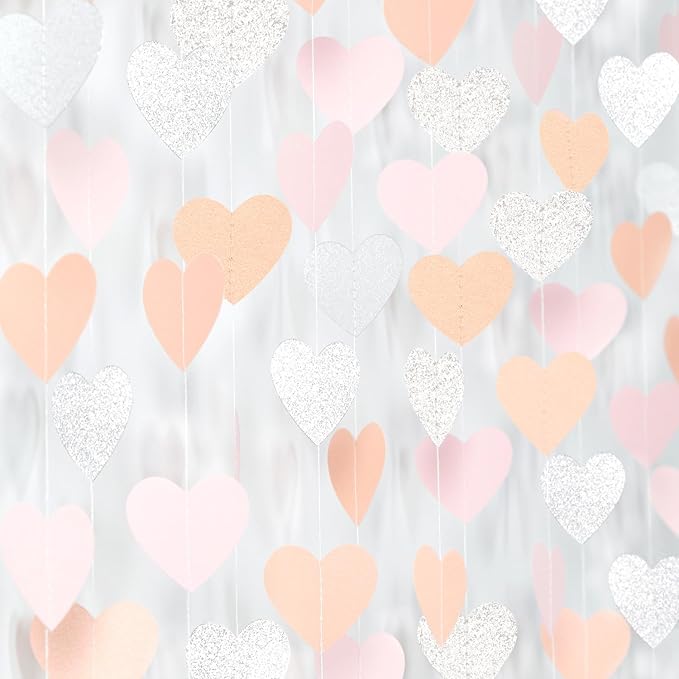 Pink-Silver Peach Birthday Party-Decorations Streamers - 52FT Hanging Heart Garland Banner,Baby Bridal Shower Engagement Anniversary Bachelorette Wedding Backdrop Decor Hugtmr