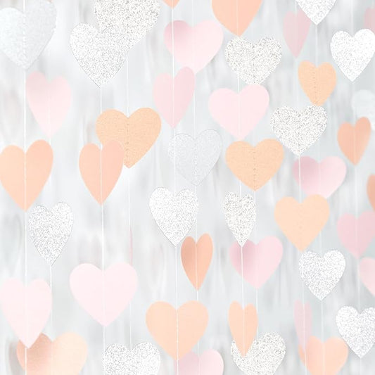 Pink-Silver Peach Birthday Party-Decorations Streamers - 52FT Hanging Heart Garland Banner,Baby Bridal Shower Engagement Anniversary Bachelorette Wedding Backdrop Decor Hugtmr