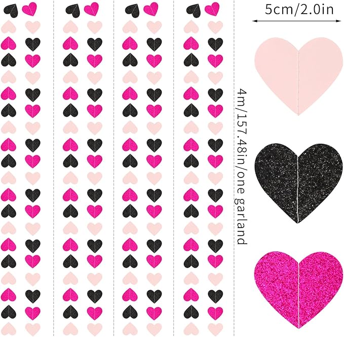 Hot-Pink Black Birthday Party-Decorations Streamers - 62FT Baby Girls Hanging Heart Garland Banner,Wedding Baby Bridal Shower Bachelorette Graduation Backdrop Decor Hugtmr