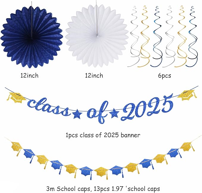 2025 Blue Class-Congratulations Prom Graduation Party-Decorations - 22pcs High School College Grad Supplies Decor, Royal Navy White Gold Tissue Pom Poms Streamers, Paper Flowers Lanterns Hugmoon