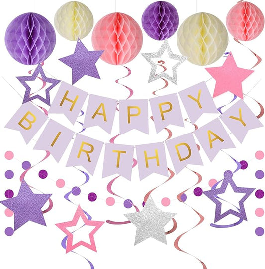 meowtastic Birthday Decorations, Happy Birthday Banner with Honeycomb Balls, Stars Hanging Swirls Streamers, Circle Dots Garland, Happy Birthday Party Decorations for Women Men Boys Girls (Purple)