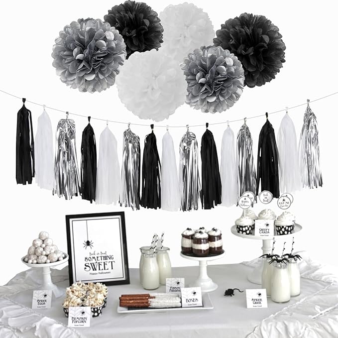 Black White Silver Party-Decorations Streamers - 23pcs Tissue Pom Poms, Graduation Men Boys Birthday Tassel Garland Banner,Wedding Baby Bridal Shower New Years Decor Lasting Surprise