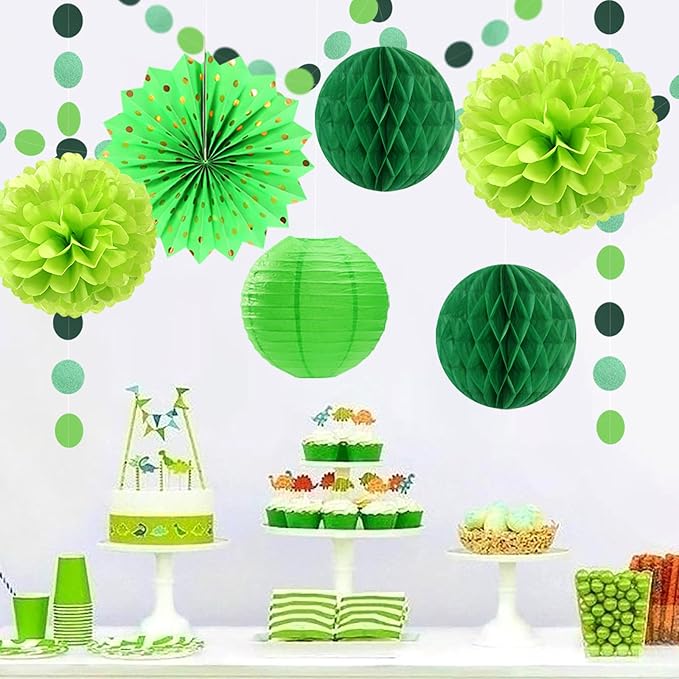 Green Party Decorations Streamers Lanterns - 14pcs St Patricks Day Paper Lanterns Fan,Tissue Pom Poms,Honeycomb Spring Summer Birthday Wedding Engagement Baby Shower Decor Ouruola