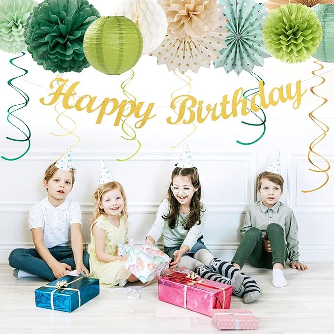 Sage Green Champagne-Gold Birthday Party-Decorations - 21pcs Happy Banner,Olive Retro Paper Lanterns Pom Poms,Rustic Boho Neutral Streamers Garland,Women Girls Boy Decor Supplies Huglony