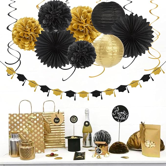 Black-Gold 2025 Class-Congratulations Graduation Party-Decorations - 22pcs High School College Grad Prom Supplies Decor, Tissue Pom Poms Streamers, Paper Flowers Lanterns Hugmoon
