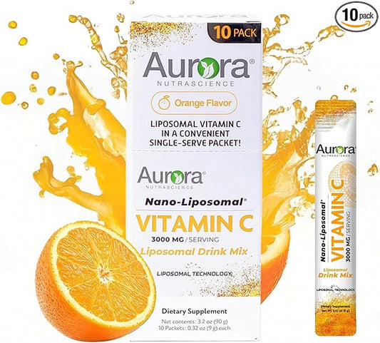 Aurora Nutrascience Nano-Pack Liposomal Vitamin C Powder Drink Mix, Immune Support, High Strength 3,000 mg Per Serving 10 Single Serve Packets, Orange
