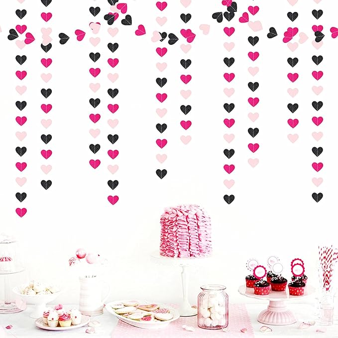 Hot-Pink Black Birthday Party-Decorations Streamers - 62FT Baby Girls Hanging Heart Garland Banner,Wedding Baby Bridal Shower Bachelorette Graduation Backdrop Decor Hugtmr