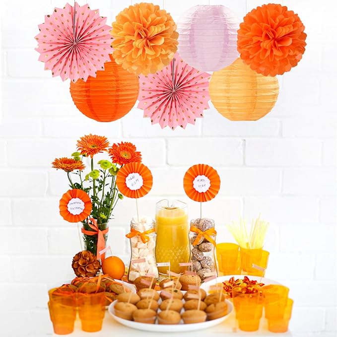 Pink-Orange Groovy Party-Decorations - 20pcs Fall Autumn Thanksgiving Harvest Paper Streamers Lanterns Fans,Tissue Pom Poms,Honeycomb Balls,Bunting,Birthday Baby Bridal Shower Wedding Decor Burgleda