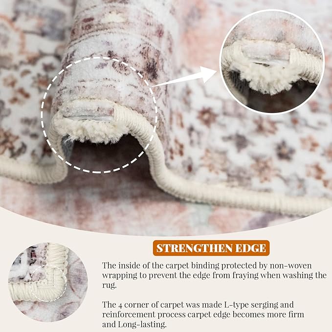 MUJOO Boho Area Rug 3'x5' Machine Washable, Pink Small Non Slip Area Rugs for Entryway Bedroom Bedside Kitchen Hallway Living Room Laundry Room Indoor Mat Soft Low-Pile Floral.