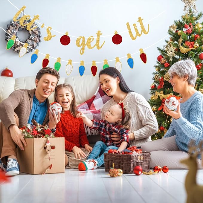 Gold Lets Get Lit Banner Christmas Banner, Christmas Party Decorations, Indoor Outdoor Home Hanging, Decor Yellow Glitter