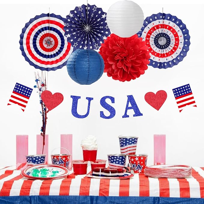 Red-White Blue Memorial-Day Patriotic Decorations - 21pcs 4th Fourth of July Americana Banner Garland,Independence Party Decor Paper Streamers Lanterns,Flower Tissue Pom Poms Fan Supplies Huglony