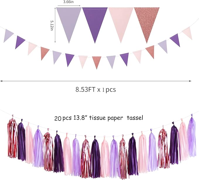 Rose-Gold Pink Purple Party Decorations - 30pcs Tissue Pom Poms Streamers,Baby Shower Decorations Girl Women Birthday Tassel Garland Banner,Bachelorette Wedding Engagement Decor Lasting Surprise