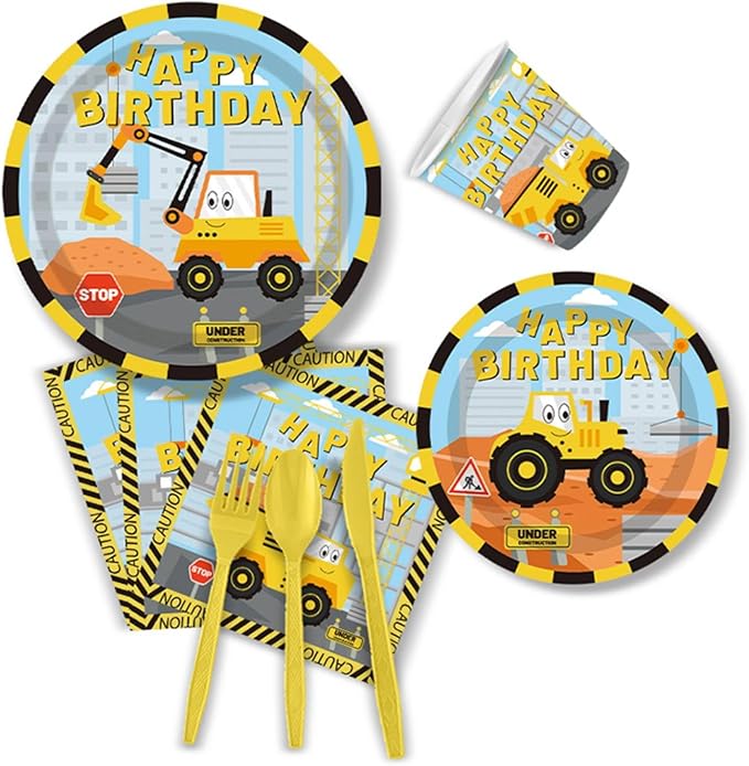 Construction Vehicle Paper Plates Set,162 Pcs Paper Plates Napkins Cups Tablecloth Knives Fork Spoon Papers Banner and Straws for Party Supplies Serves 20 Guests (Boys)