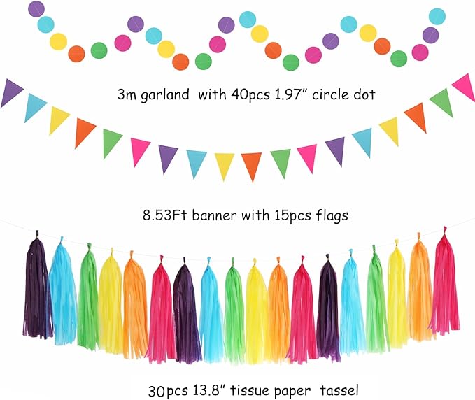 Rainbow Birthday Party-Decorations - 33pcs Colorful Banner,Mexican Theme Streamers Tassel Garland,Tissue Pom Poms Honeycomb,Paper Lantern Fans,Baby Shower Classroom Decor Supplies Hugtmr