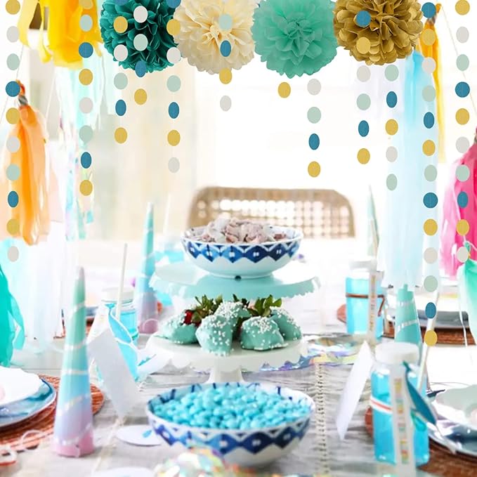 Teal-Blue Mint Beige-Gold Party Decorations - 30pcs Rustic Wedding Tissue Pom Poms Streamers,Tassel Garland Banner,Women Birthday Bachelorette Engagement Party Decor Bunting Lasting Surprise